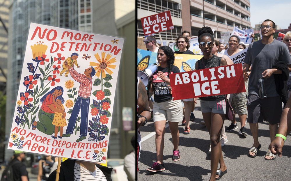 On the left is a multi-colored hand-painted sign of a mother and father united with children and lettering saying, “No more detention, no more deportations. Abolish I.C.E.” On the right are demonstrators in warm-weather clothes marching with signs that say, “Abolish ICE.”