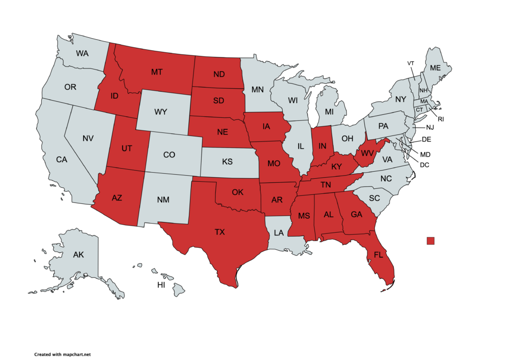 A map of the United States with 20 states highlighted in red indicating that these states have passed laws or instituted policies that currently ban gender-affirming care. The states are listed alphabetically, Alabama, Arizona, Arkansas, Florida, Georgia, Idaho, Indiana, Iowa, Kentucky, Mississippi, Missouri, Montana, Nebraska, North Dakota, Oklahoma, South Dakota, Tennessee, Texas, Utah, and West Virginia.