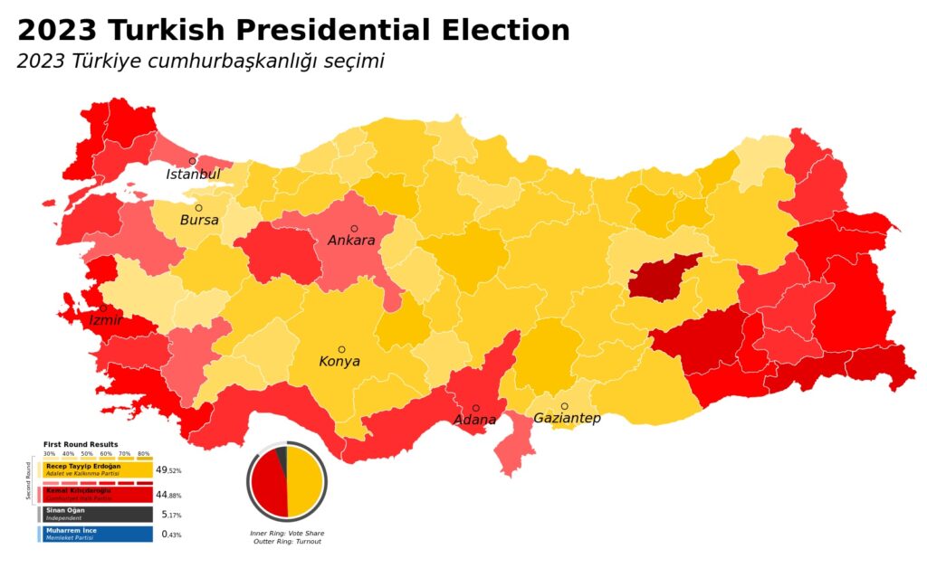 A map showing the presidential voting patterns by the voters in the first round of voting on May 14 in Turkey’s 81 provinces. Erdoğan performed well in the more rural provinces located in the center of the country while Kılıçdaroğlu outperformed the other candiates and Erdoğan in the border provinces and provinces with major cities like Adana, Izmir, Instabul and Ankra.