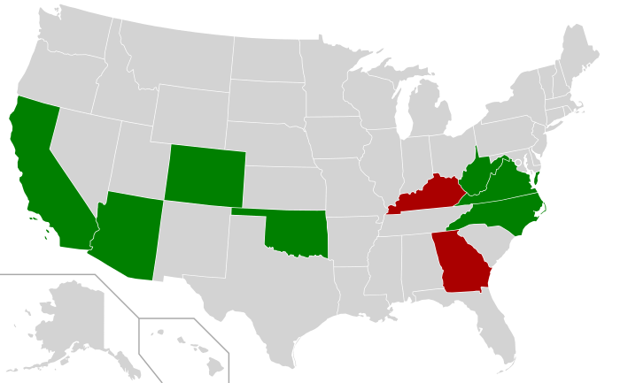 A map of the United States with California, Arizona, Nevada, Oklahoma, Virginia, West Virginia, and North Carolina in green; Tennessee and Alabama are in red. 
