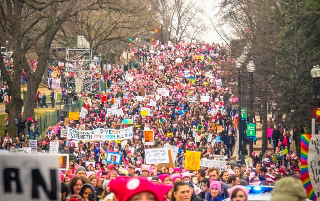 An image of thousands of people arching down the national mall in Washington DC carrying signs and banners.
