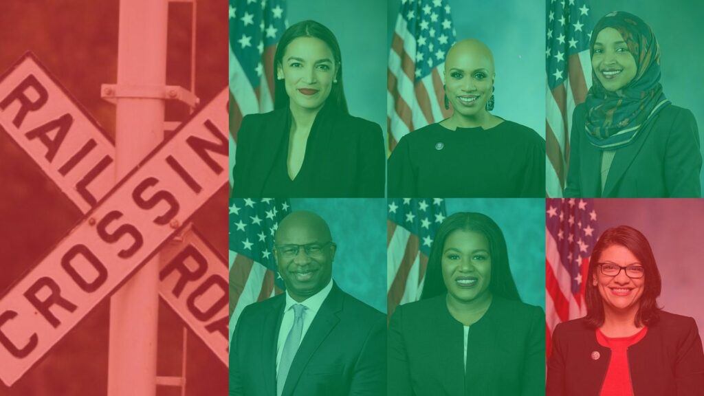 An image of a “Railroad Crossing” sign next to official photos of each member of the Squad, from top left to right: Alexandria Ocasio-Cortez, Ayanna Pressley, and Ilhan Omar; and from bottom left to right: Jamaal Bowman, Cori Bush, and Rashida Tlaib.