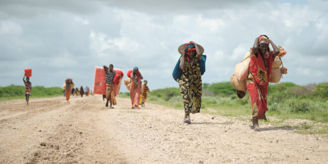 six women in robes carrying belongings on their heads walk toward the camera on a dirt road.