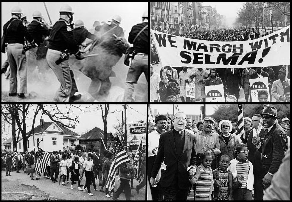 A collage of four black and white photos showing Alabama police attaching marchers from Selma to Montgomery, marchers carrying a banner reading "We March With Selma," and marchers during the event.
