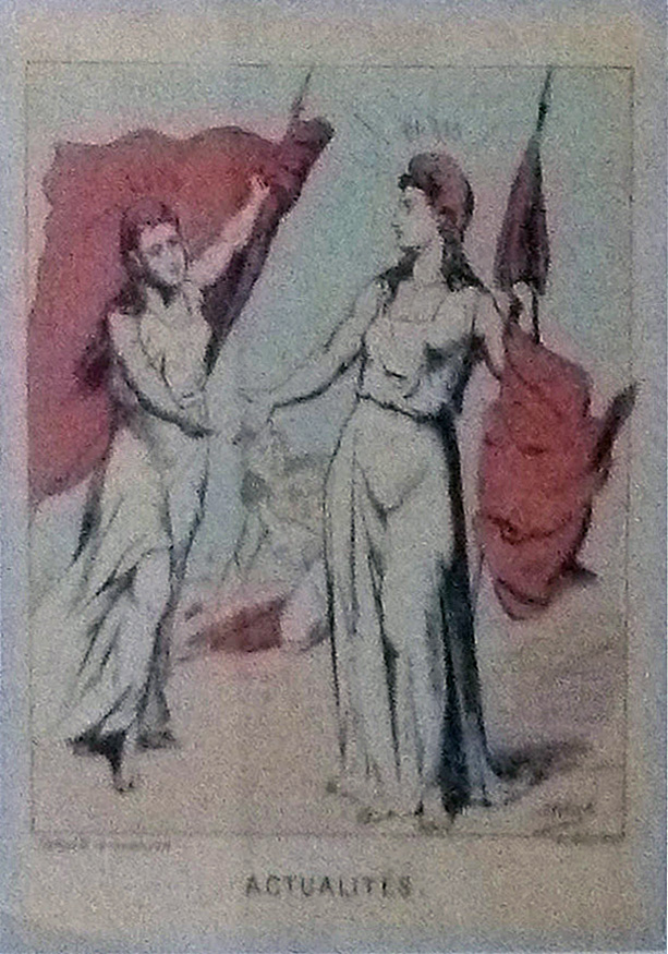 Poster of the Paris Commune (1871); by anonymous artist depicting three women holding red flags, two reaching for each other and the third, in the background, struggling to rise from her knees.