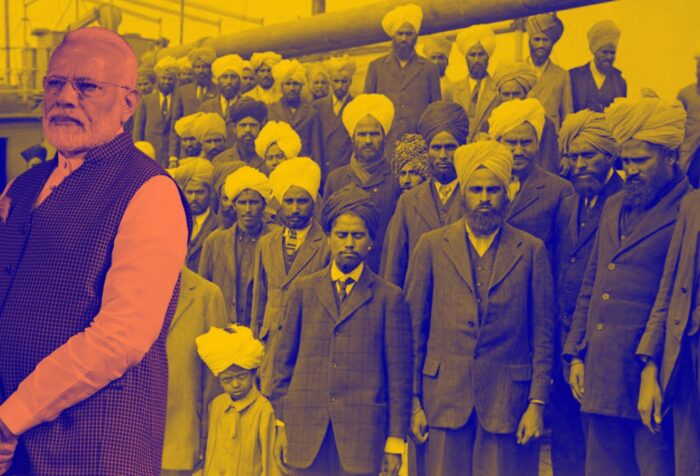 Stylized image of Modi, in front of a community of Sikhs