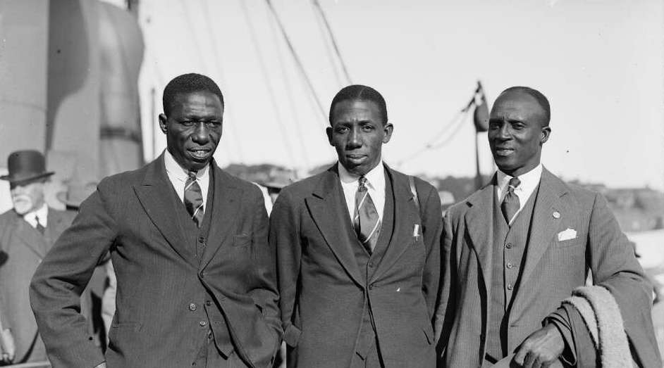 Black and white photo showing West Indian cricketers George Francis, Learie Constantine, and Herman Griffith—all of whom feature in CLR James writings—on the team's famous tour of Australia during the 1930–31 season.