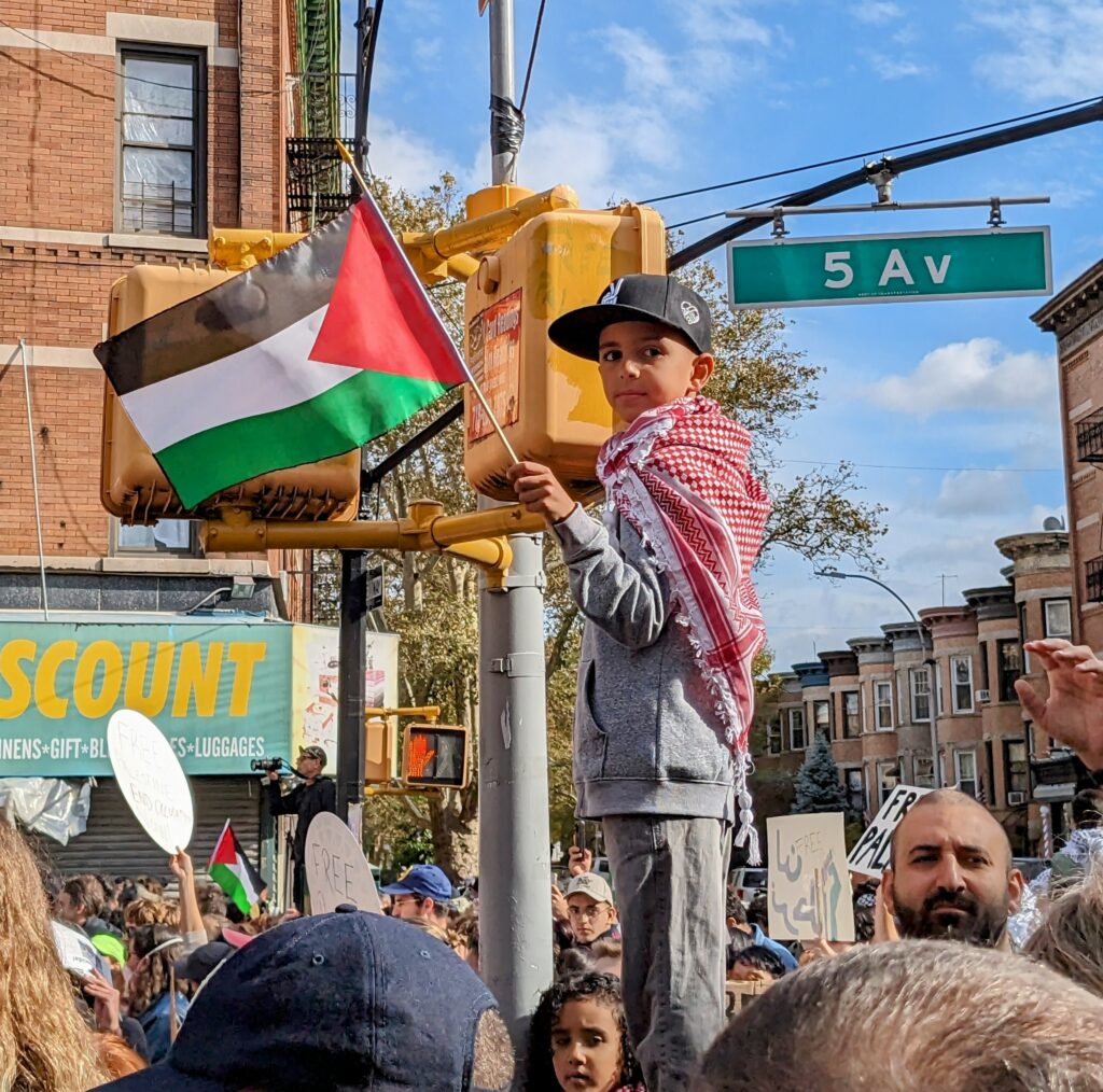 A child hangs from a lightpole waving a Palestinian flag.
