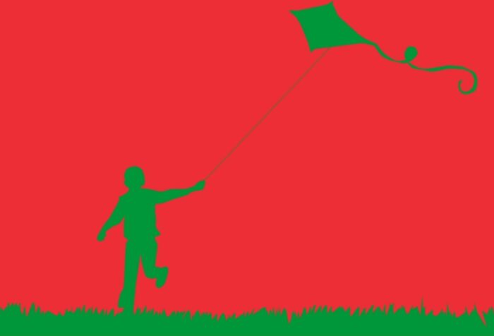 Stylized image of a child flying a kite, in the colors of the Palestinian flag