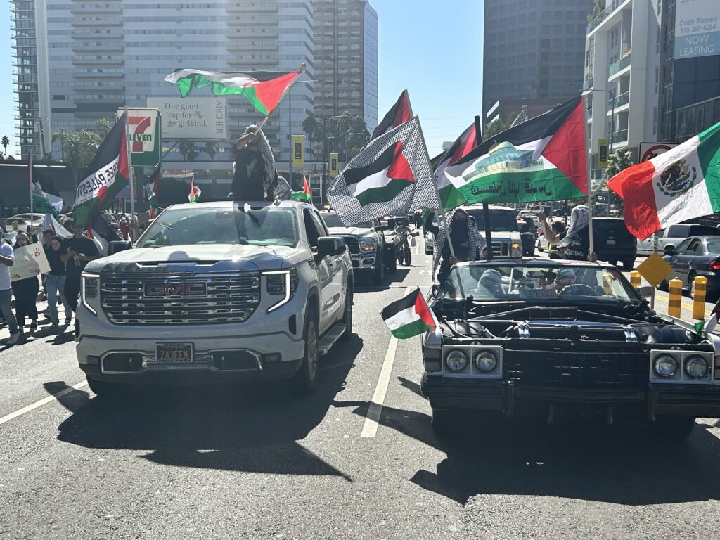 A series of cars and trucks in two rows ride up Wilshire Blvd flying 8 Palestinian flags. A person wearing a keffiyeh scarf rides atop a car.