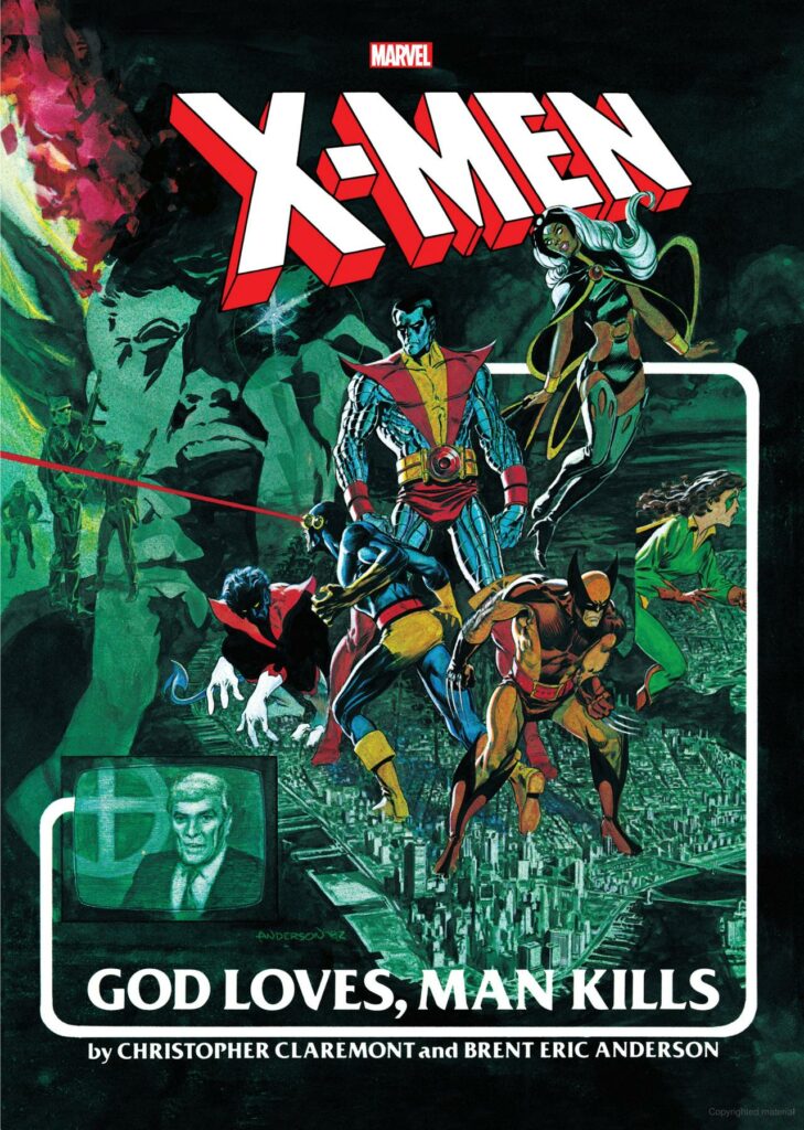 Cover of the Marvel X-Men Comic God Loves, Man Kills, ,which fetuers a set of superheroes and an image of a televangelist on television.