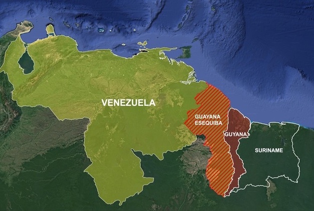 Satellite border map of Venezuela, Guyana, and Surinam—from west to east— including Guyana Esequiba, which is highlighted on the map and is targeted by Venezuela for annexation.