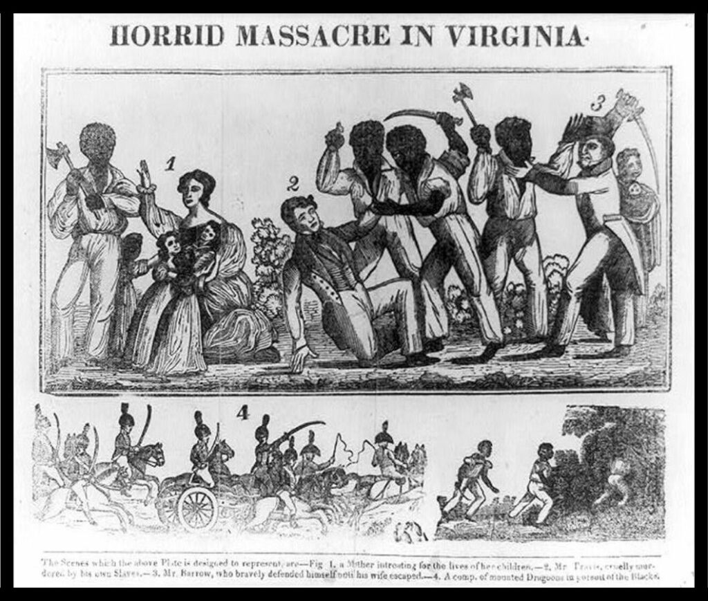 Two panels of a black and white illustrated engraving showing Black participants in Nat Turner's rebellion attaching white slavers.
