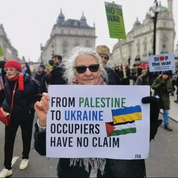 White haired woman at a demonstration holding a sign that reads: “From Palestine to Ukraine occupiers have no claim.” The print is in black, green, and blue on white posterboard. The Palestinian and Ukrainian flags border the writing on the right hand side.
