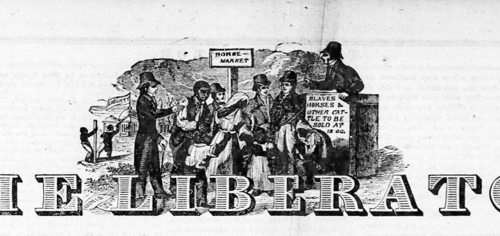 Masthead of a nineteenth-century newspaper, with parts of the paper’s name cropped out on the sides. Behind are engraved images. The foreground image depicts a Black family being separated by an auctioneer, and there’s a whipping in the background. In addition, sheets of paper reading “INDIAN TREATIES” lie on the ground.