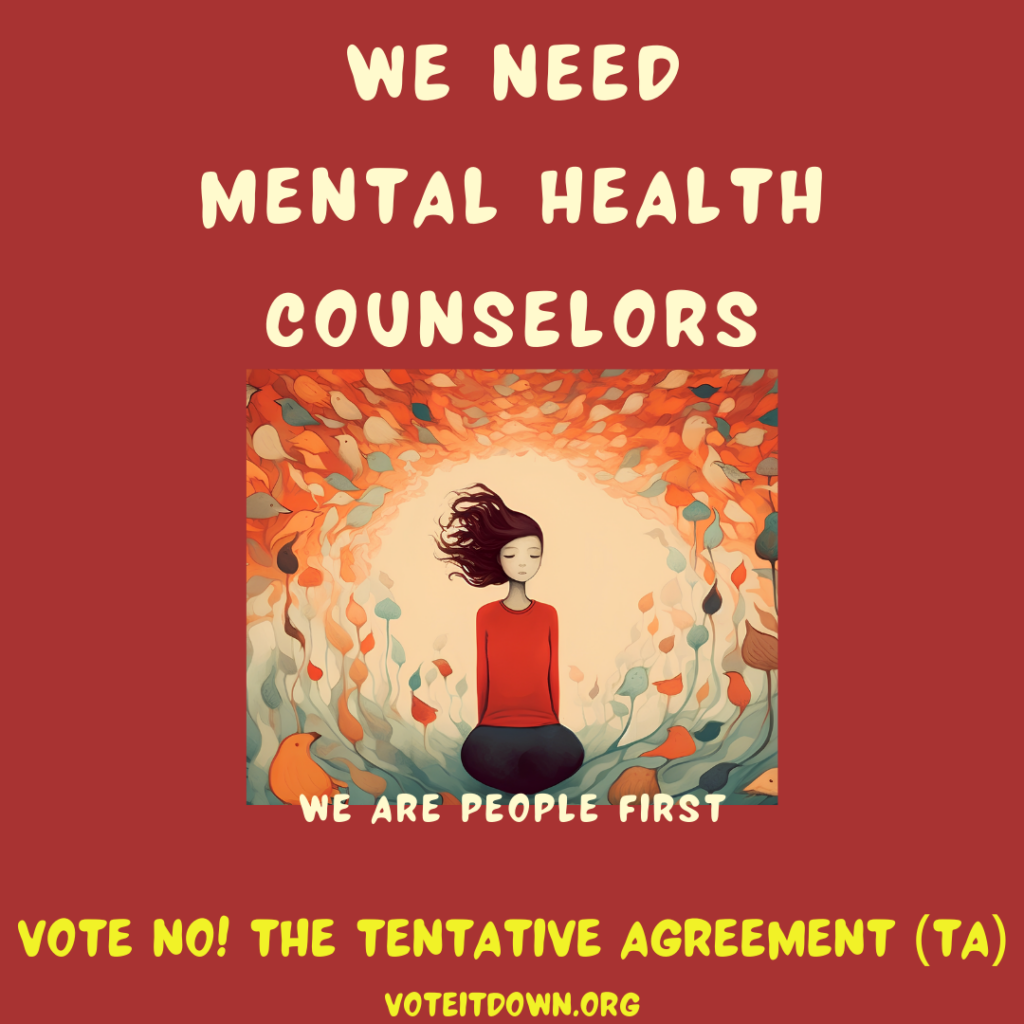 A red poster with a drawing of a feminine person centered has a slogan at reads "We need mental health counselors."