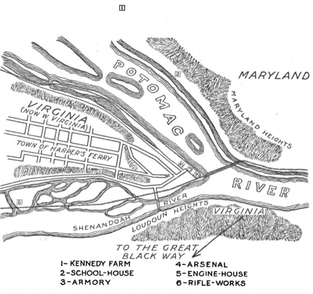 Hand-drawn map of two rivers converging, and a town with streets at the point of convergence. A railroad crosses one of the rivers and hugs the shore of the other.