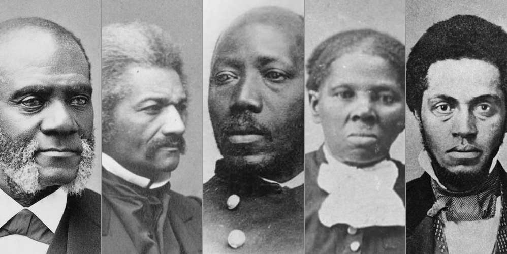 Five black-and-white photograph portraits from the nineteenth century. They are all close-cropped close-ups of the faces.