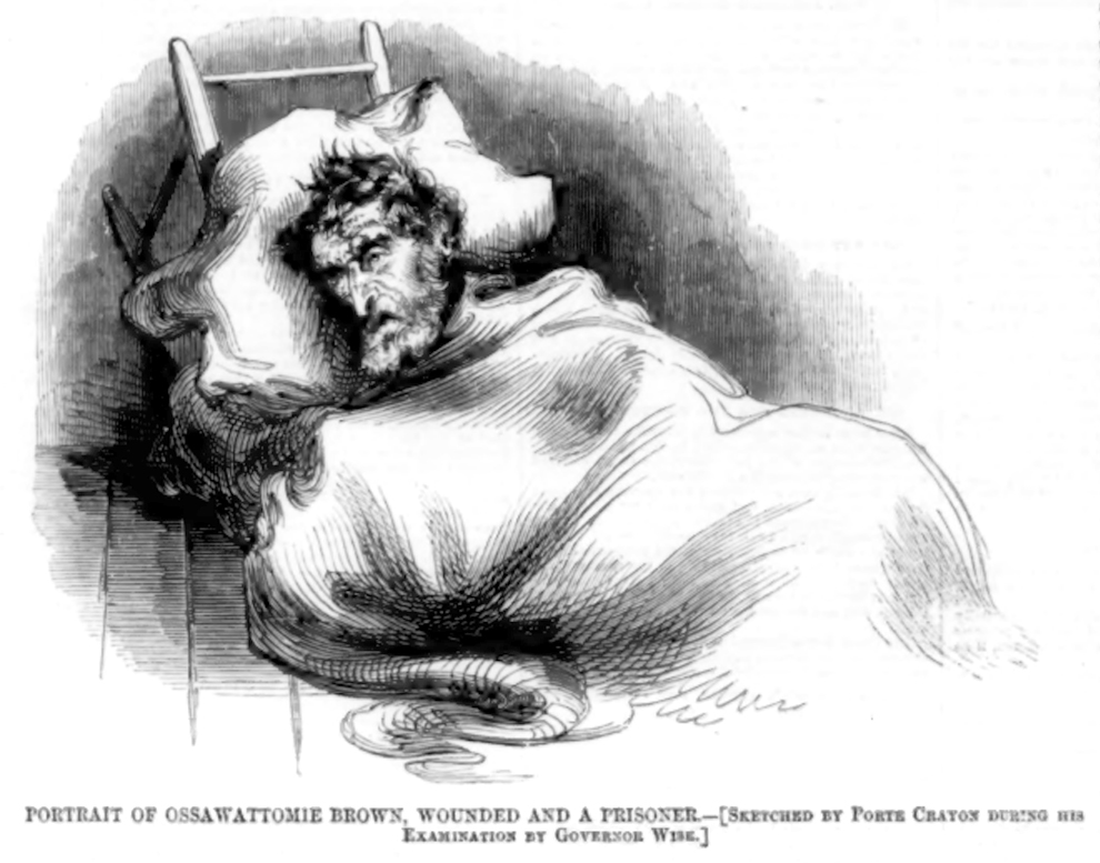 Engraving of a bearded man lying under a blanket on a wood-plank floor, his head and shoulders propped up on a pillow that’s placed on an overturned wooden chair. His eyes are open.