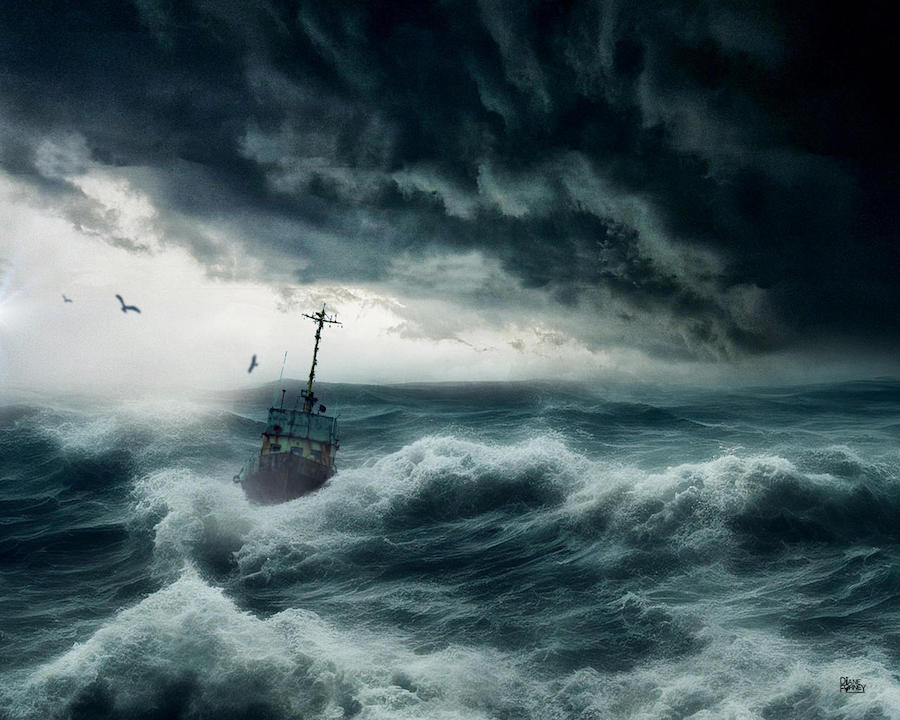 Image of a ship buffeted by a storm in the middle of the sea and circled by birds.