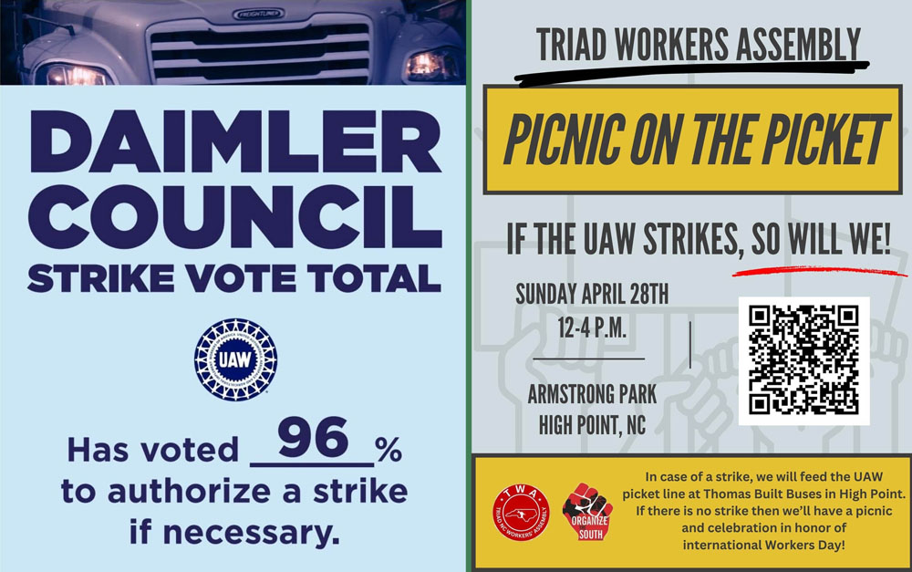 Two posters side by side, one on the left blue announcing the 95% strike approval vote and on the right a yellow poster by Triad Workers Assembly announcing a solidarity strike.