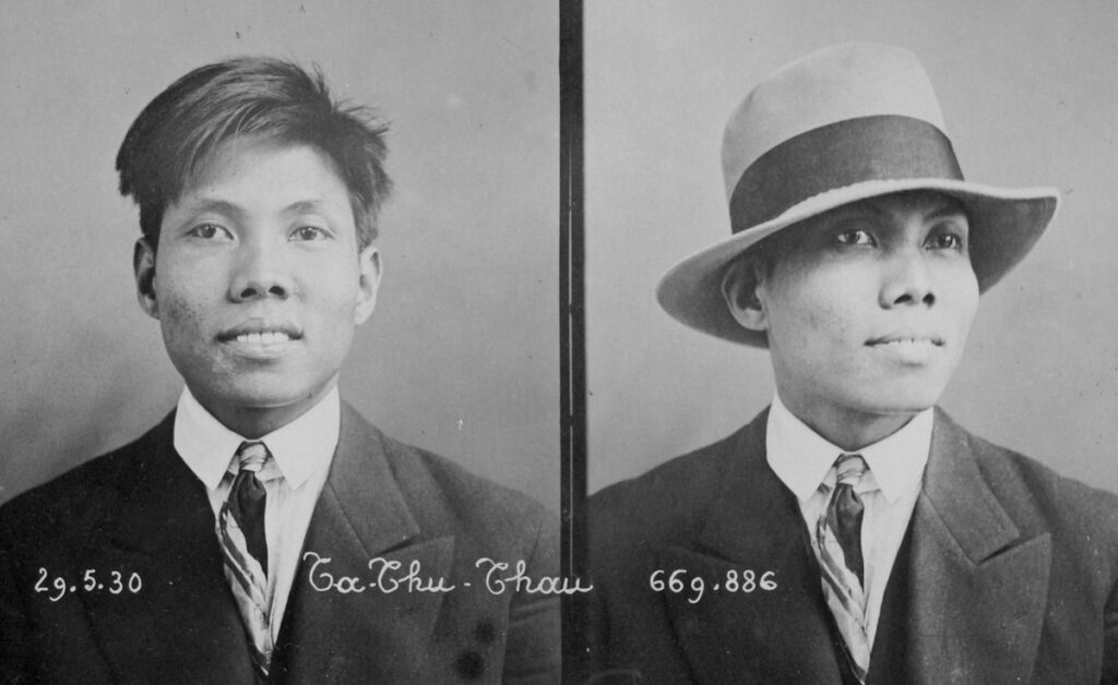 A two-paneled black and white photo of Vietnamese Trotskyist Tạ Thu Thâu, a young man, with and without hat. 