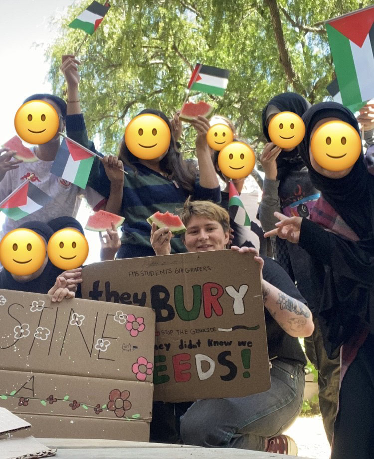 Young people, many with faces obscured for safety pose with Palestinian flags and watermelon slices.